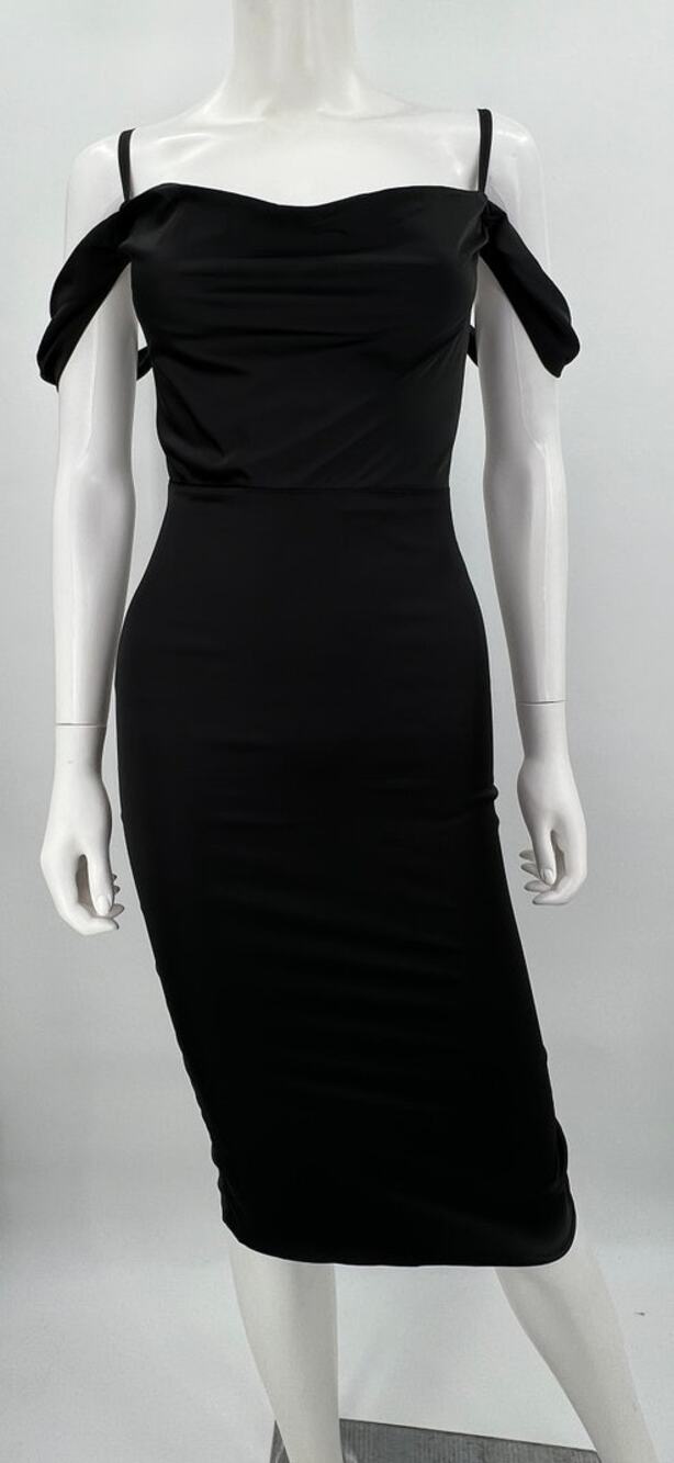 Oh Polly Black Satin Off Shoulder Bodycon Midi Dress Size US 2